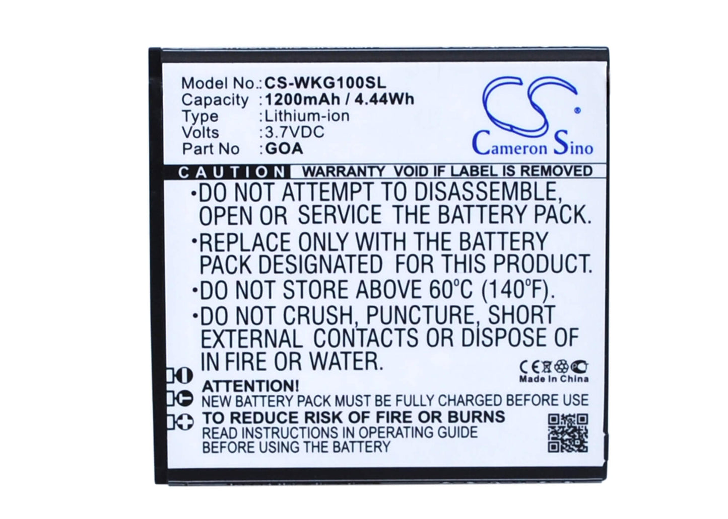 3.7V, 1200mAh, Li-ion Battery fits Wiko, 9662, Goa, 4.44Wh