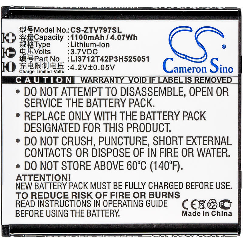 3.7V, 1100mAh, Li-ion Battery fits Zte, V797, 4.07Wh