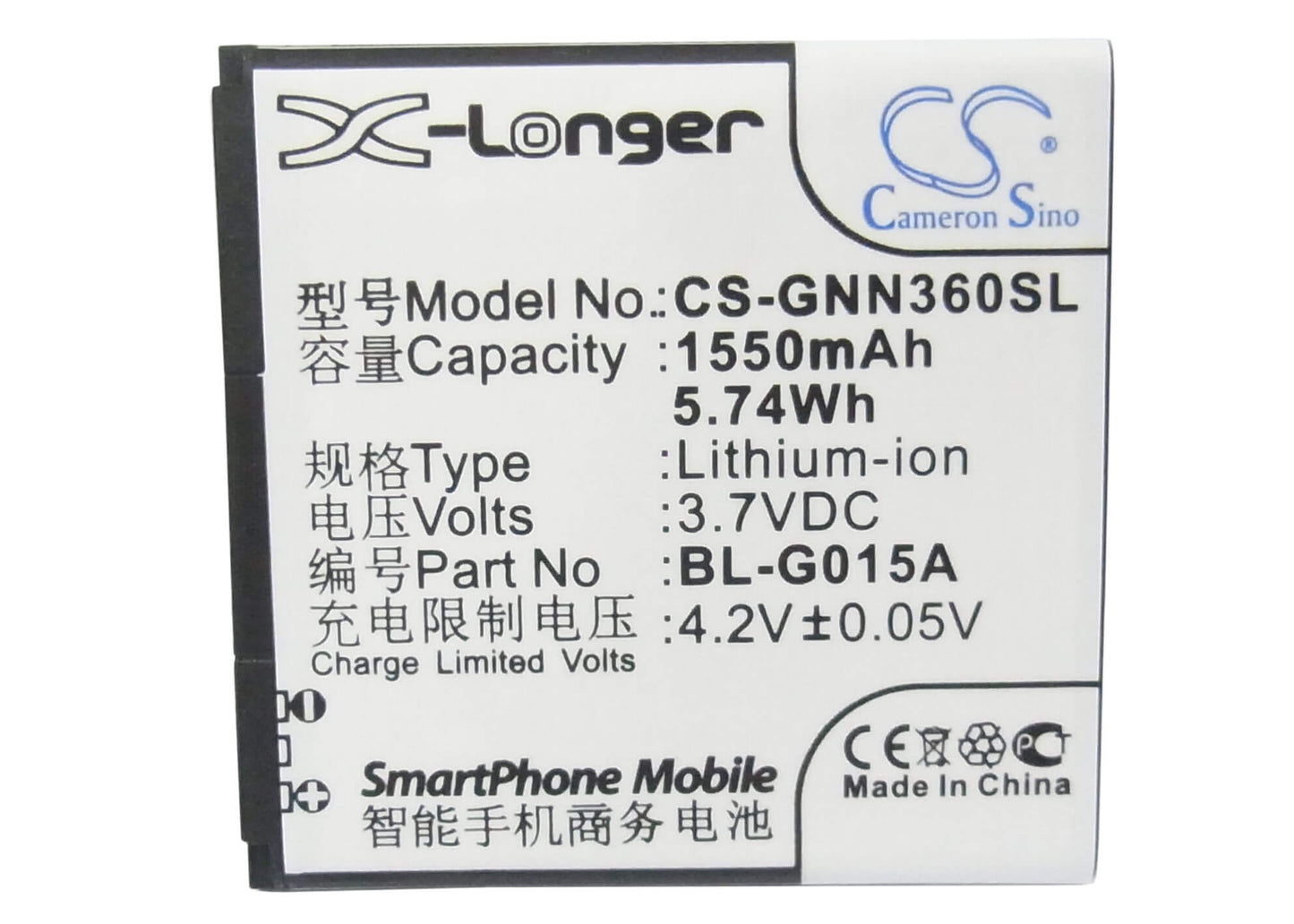 3.7V, 1550mAh, Li-ion Battery fits Gionee, Gn108, Gn205h, 5.735Wh