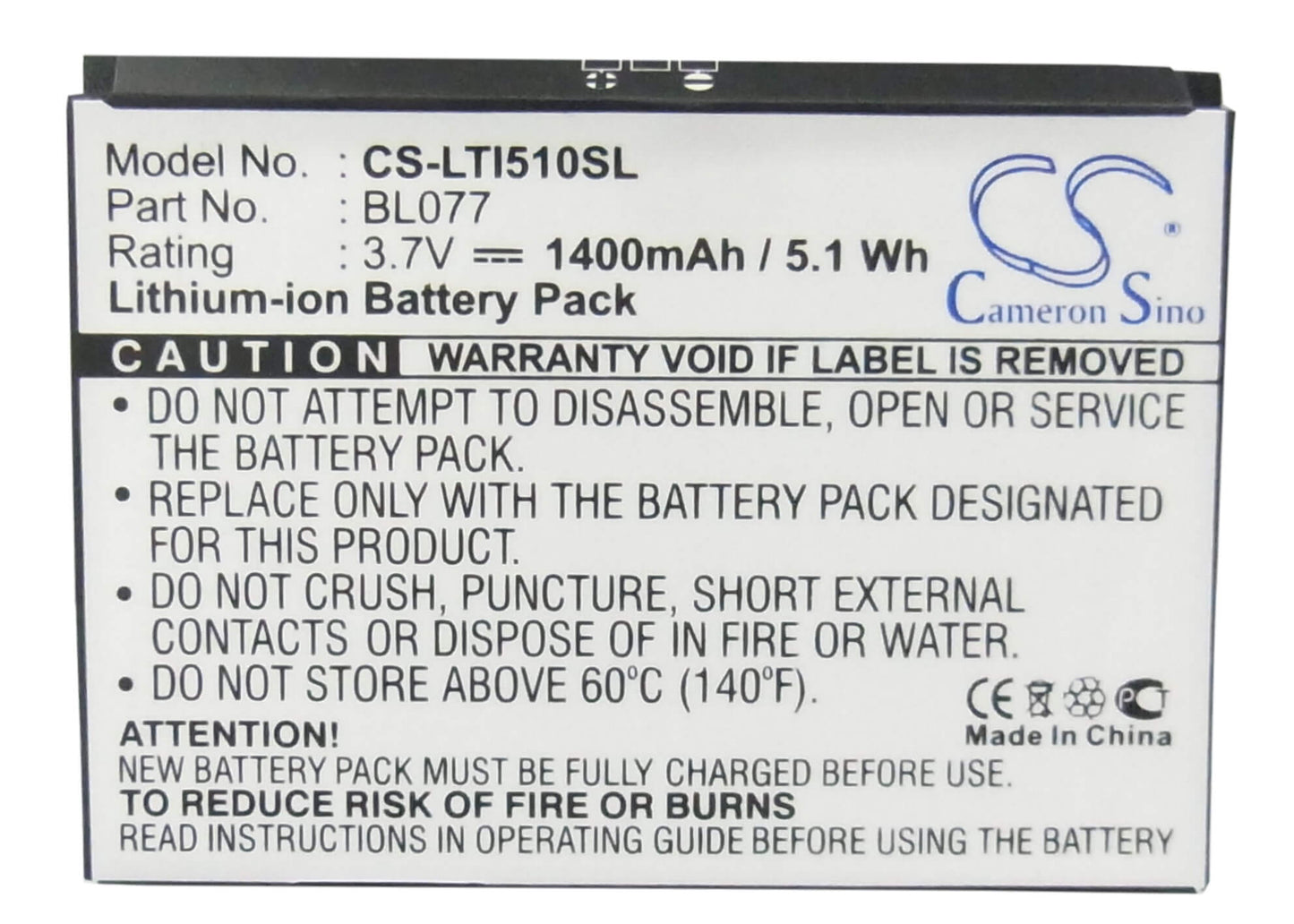 3.7V, 1400mAh, Li-ion Battery fits Lenovo, I510, 5.18Wh