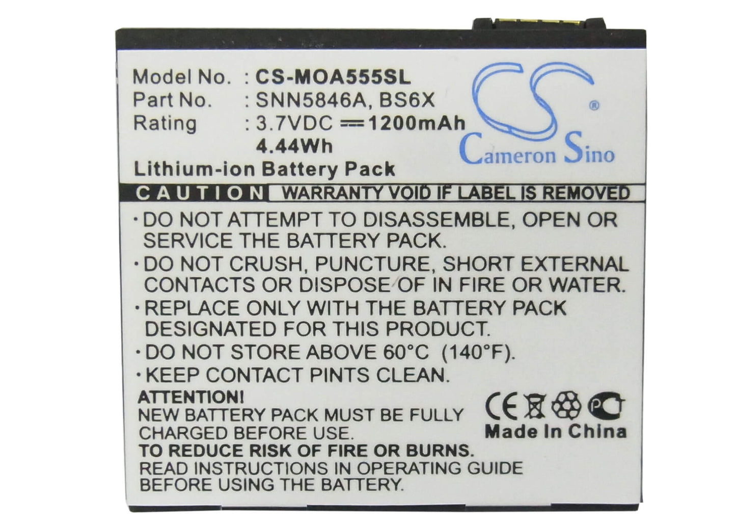 3.7V, 1200mAh, Li-ion Battery fits Motorola, Calgary, Devour A555, 4.44Wh