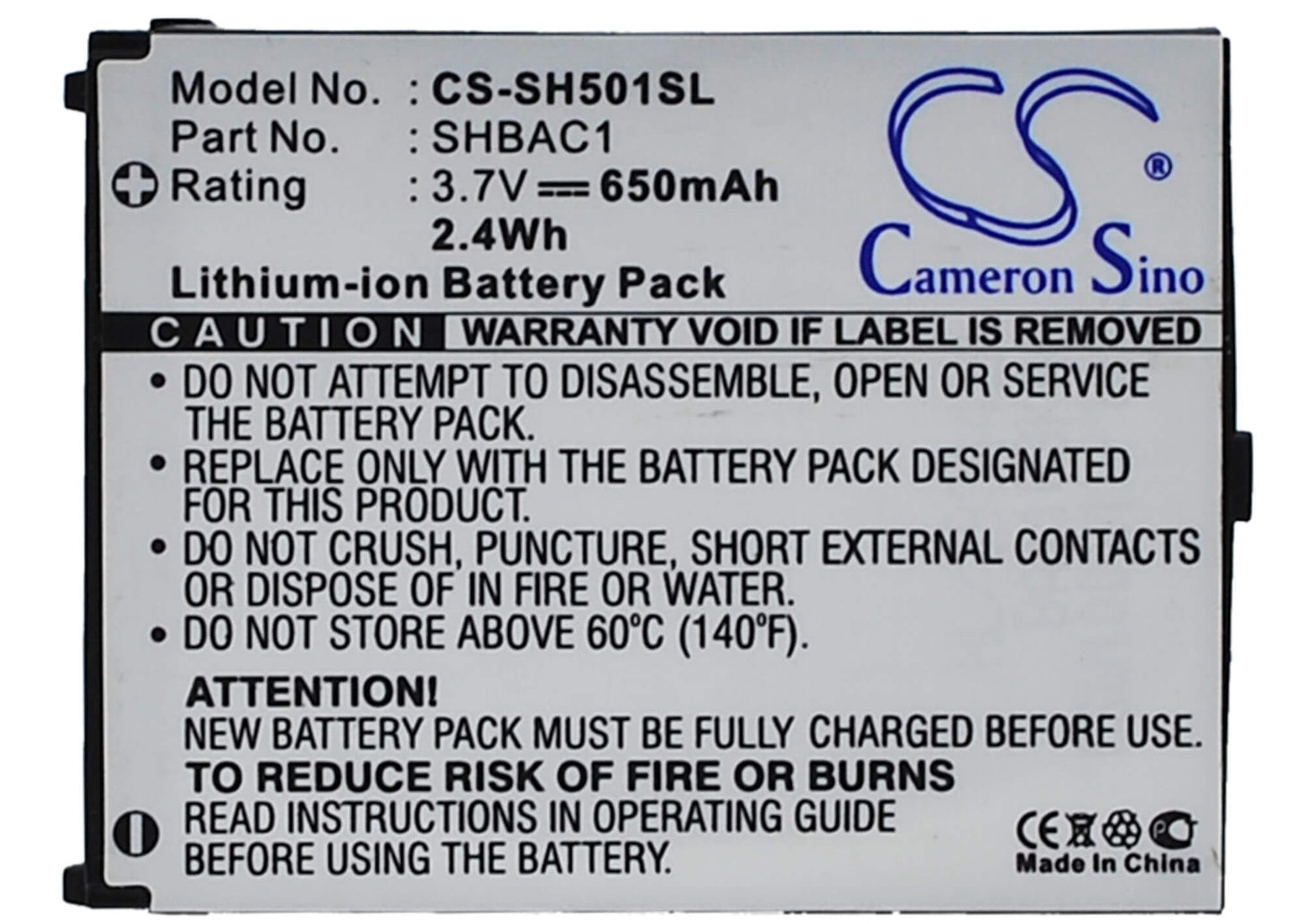 3.7V, 650mAh, Li-ion Battery fits Sharp, Sh501, V501sh, 2.405Wh