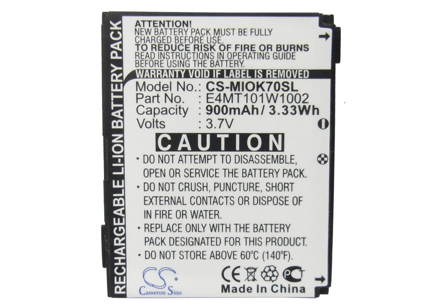3.7V, 900mAh, Li-ion Battery fits Mitac, Mio Explora K70, Mio Explora K75, 3.33Wh