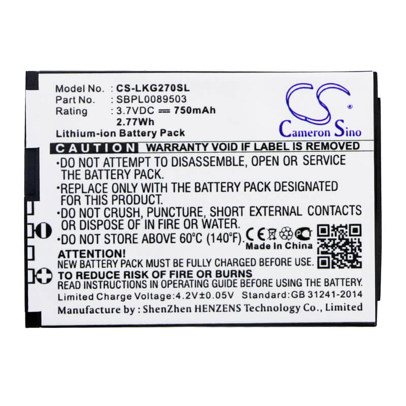 3.7V, 750mAh, Li-ion Battery fits Lg, Kg270, Kg275, 2.775Wh