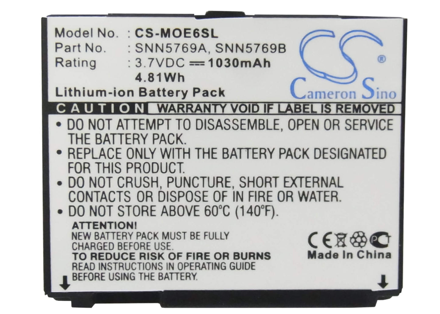 3.7V, 1030mAh, Li-ion Battery fits Motorola, Motorokr E6, 3.811Wh