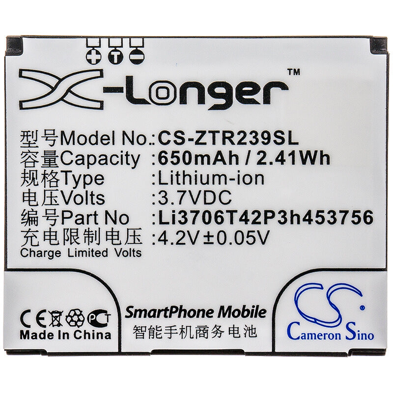 3.7V, 650mAh, Li-ion Battery fits Zte, R239, 2.405Wh