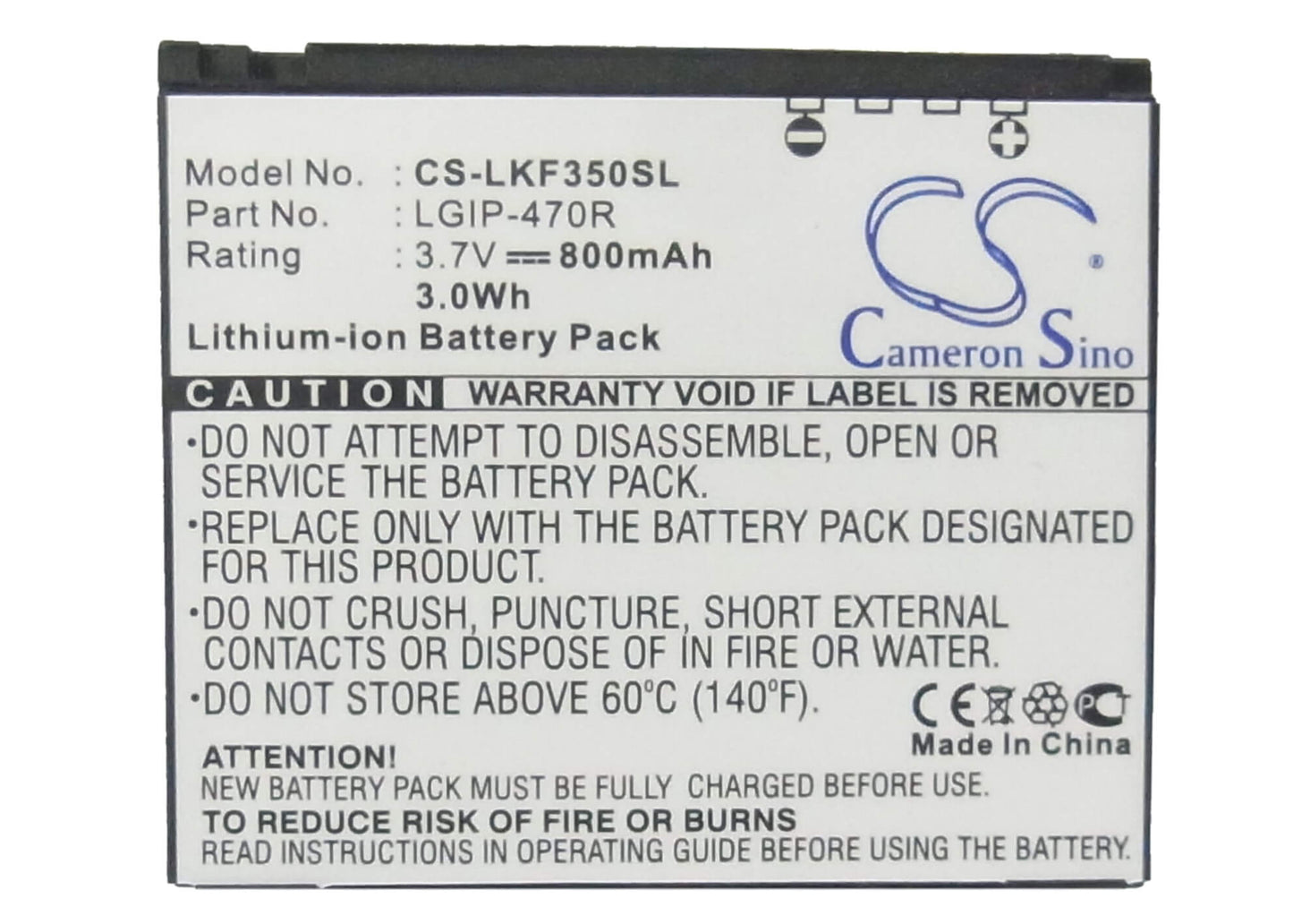 3.7V, 800mAh, Li-ion Battery fits Lg, Kf350, Kf350 Ice Cream, 2.96Wh