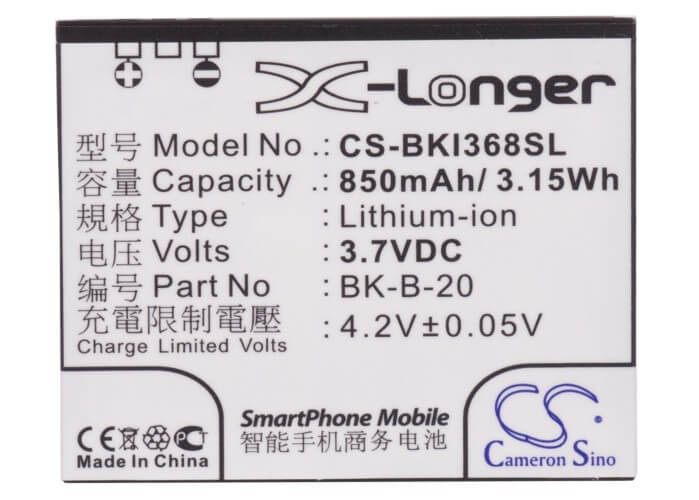3.7V, 850mAh, Li-ion Battery fits Bbk, I368, I388, 3.145Wh