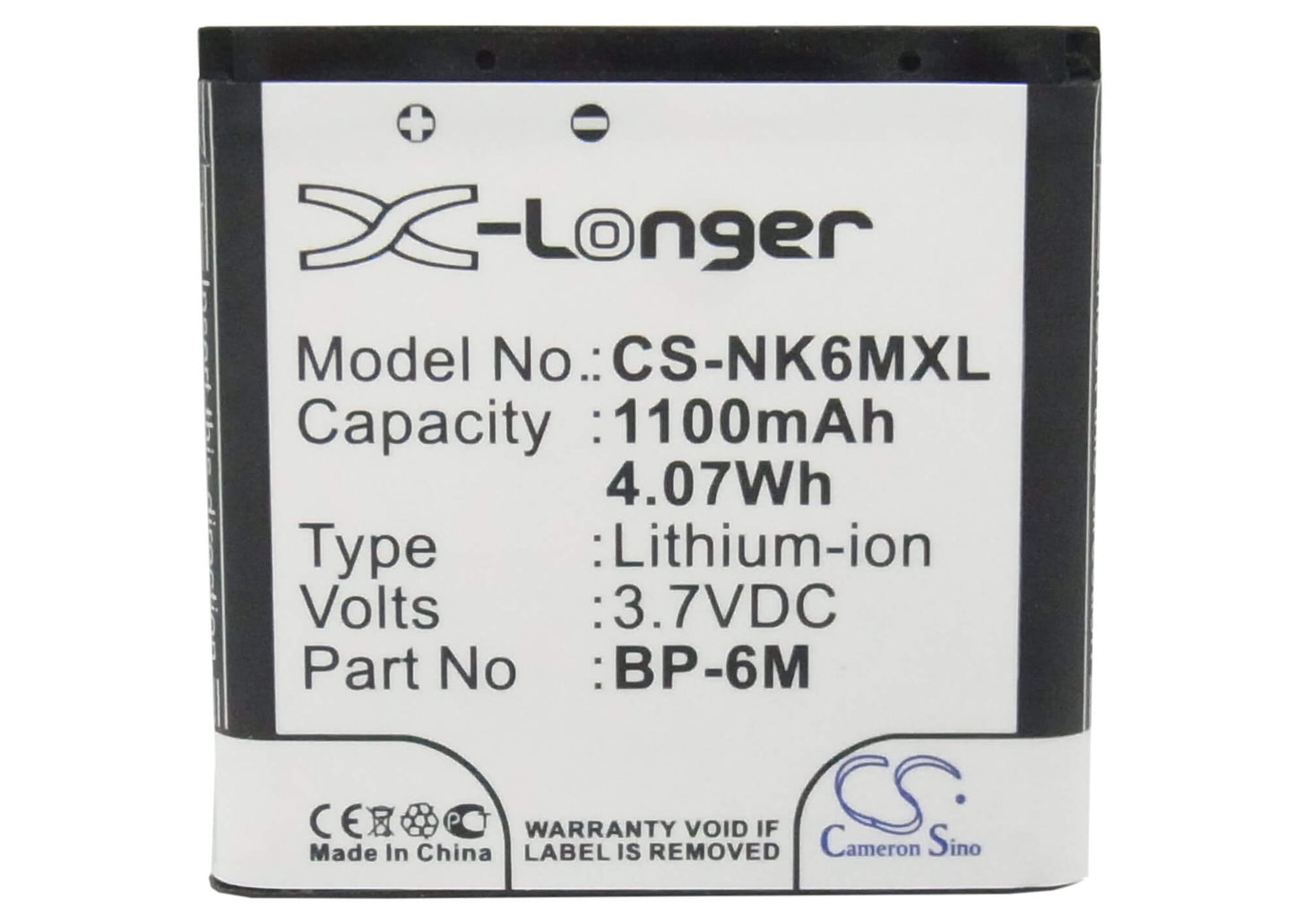 3.7V, 1100mAh, Li-ion Battery fits Nokia, 3250, 3250 Xpressmusic, 4.07Wh