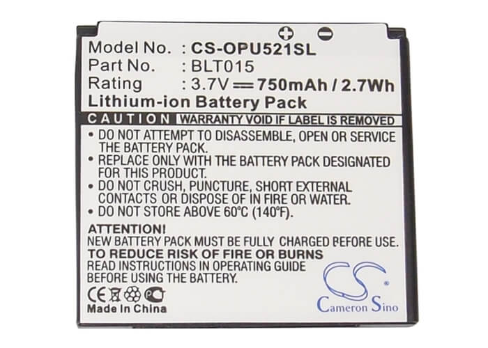 3.7V, 750mAh, Li-ion Battery fits Oppo, U521, 2.775Wh