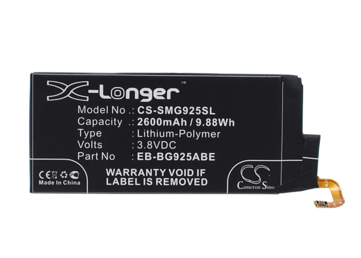 3.8V, 2600mAh, Li-Polymer Battery fits Samsung, Galaxy S6 Edge, Galaxy S6 Edge Td-lte, 9.88Wh