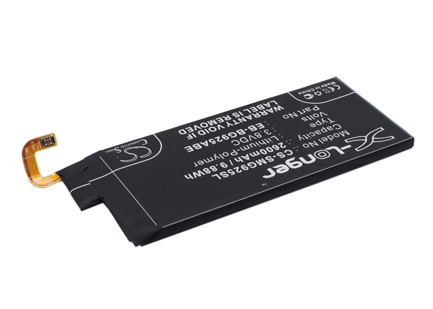 3.8V, 2600mAh, Li-Polymer Battery fits Samsung, Galaxy S6 Edge, Galaxy S6 Edge Td-lte, 9.88Wh