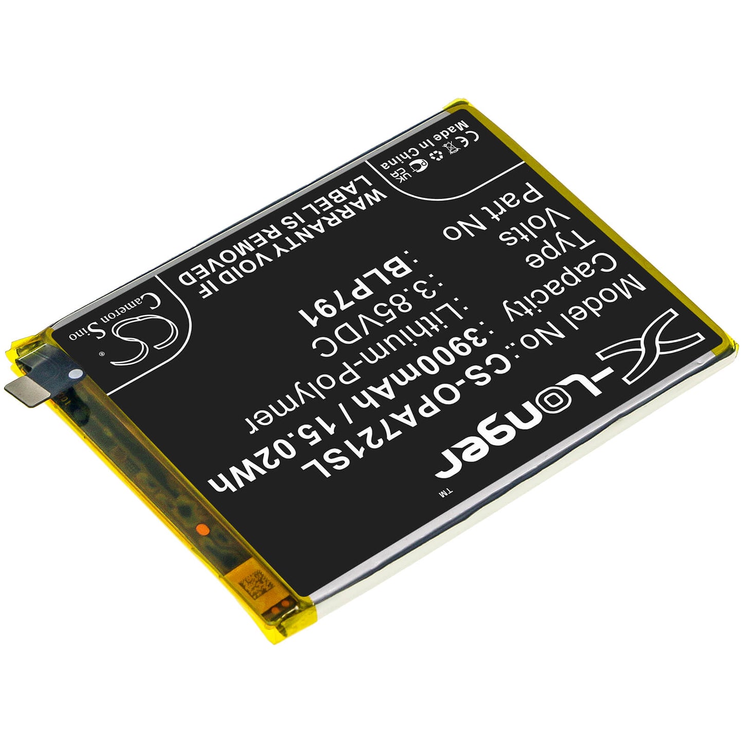 3.85V, 3900mAh, Li-Polymer Battery fits Oppo, A72 5g 2020, A73 5g 2020, 15.015Wh