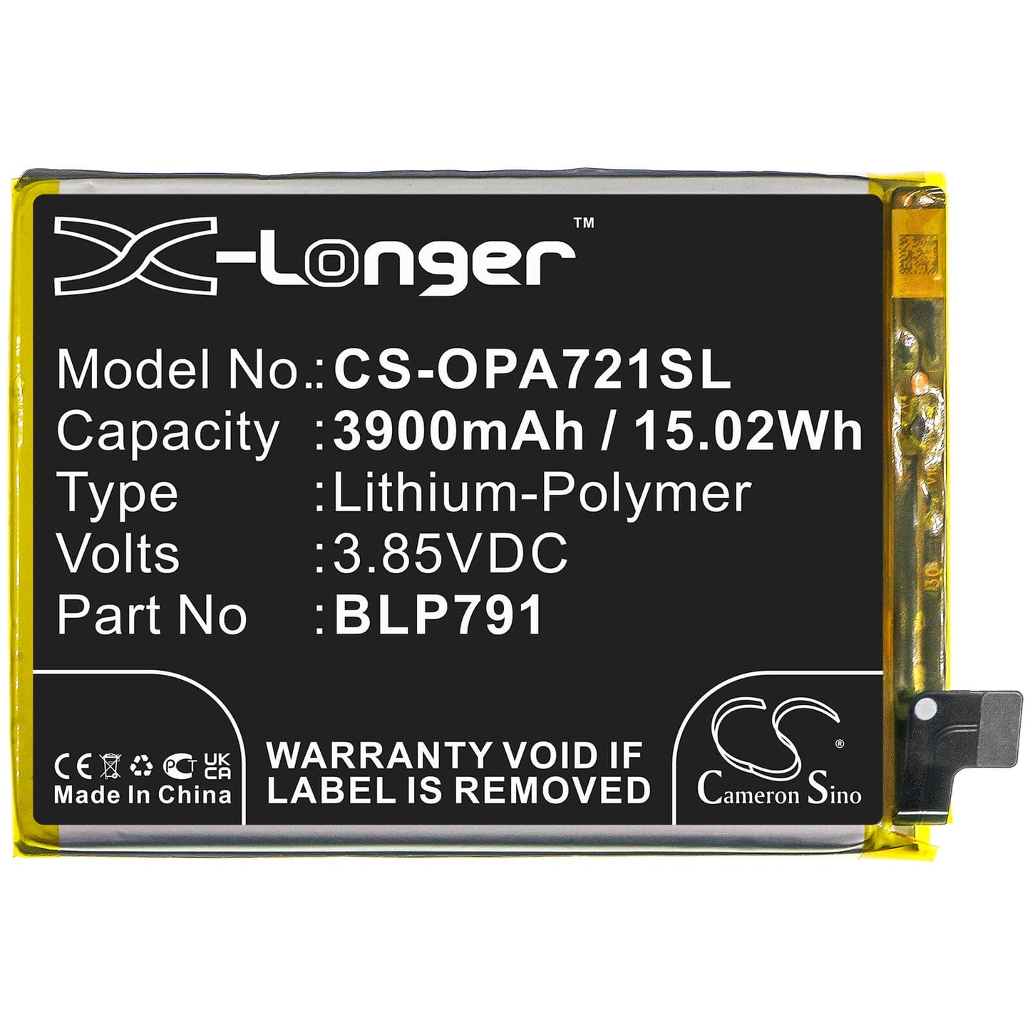 3.85V, 3900mAh, Li-Polymer Battery fits Oppo, A72 5g 2020, A73 5g 2020, 15.015Wh