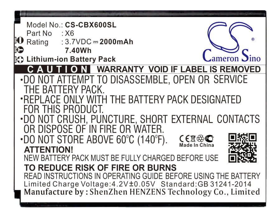 3.7V, 2000mAh, Li-ion Battery fits Cubot, X6, 7.4Wh