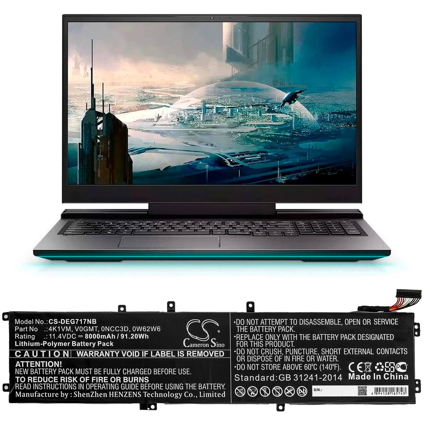 11.4V, 8000mAh, Li-Polymer Battery fits Dell, G7 17 7700, 91.2Wh