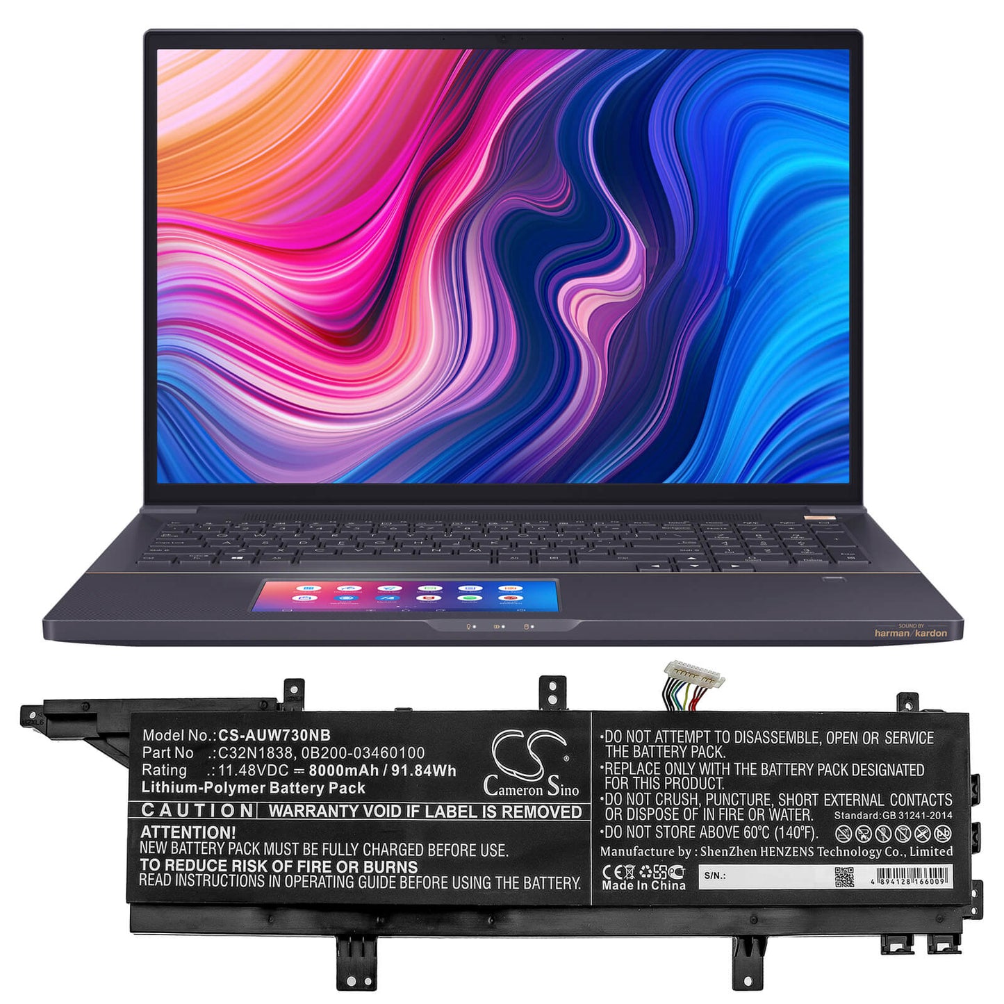 11.48V, 8000mAh, Li-Polymer Battery fits Asus, Proart Studiobook Pro X W730g5, Proart Studiobook Pro X W730g5, 91.84Wh