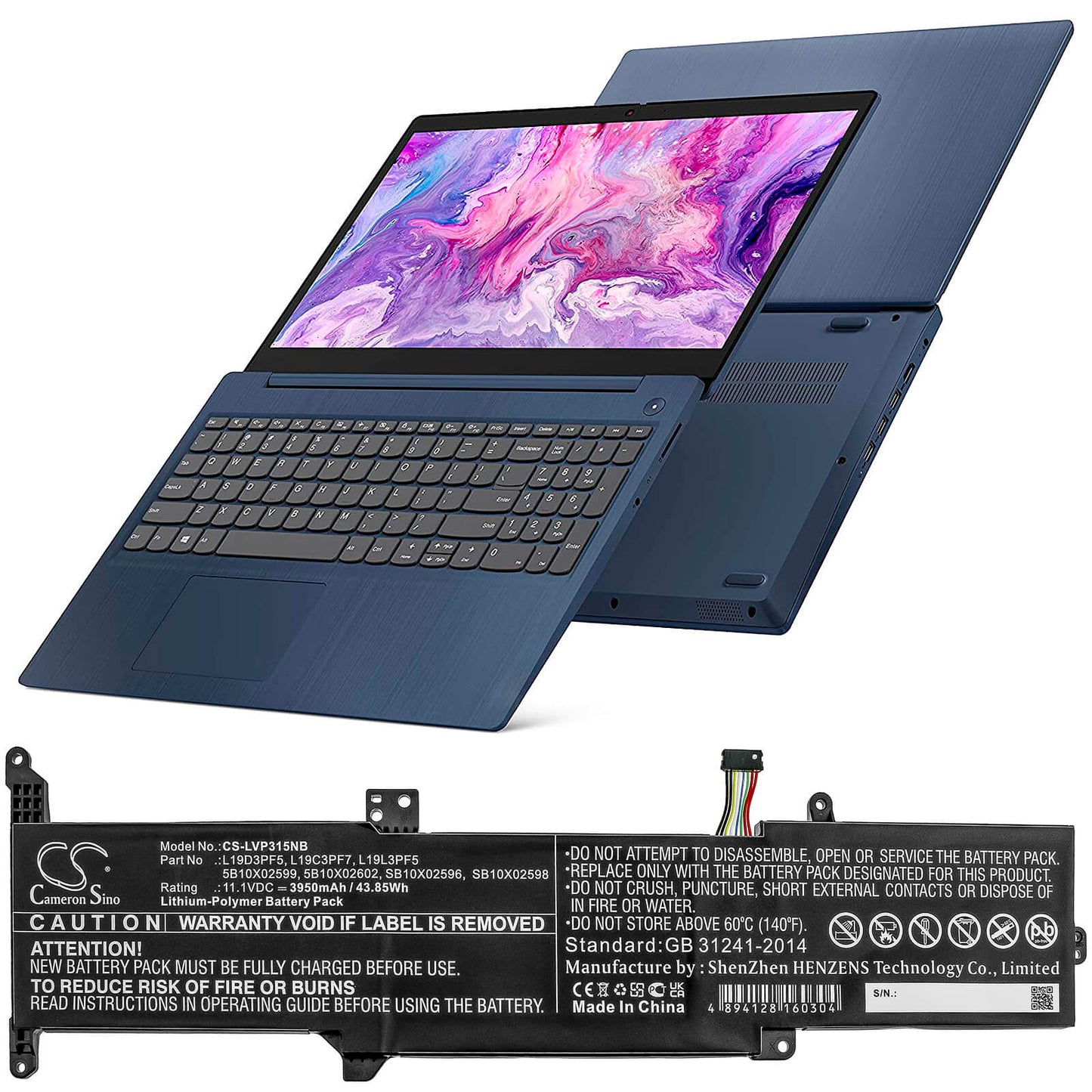 11.1V, 3950mAh, Li-Polymer Battery fits Lenovo, Ideapad 3-15, 43.845Wh