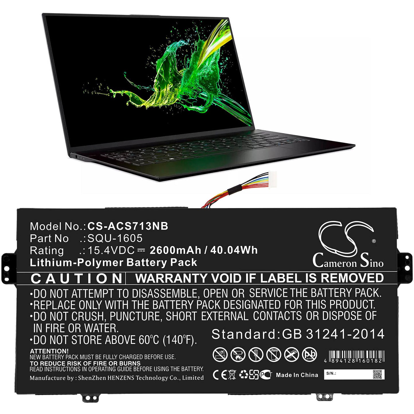 15.4V, 2600mAh, Li-Polymer Battery fits Acer, Sf713-51, Sf713-51-m0ak, 40.04Wh