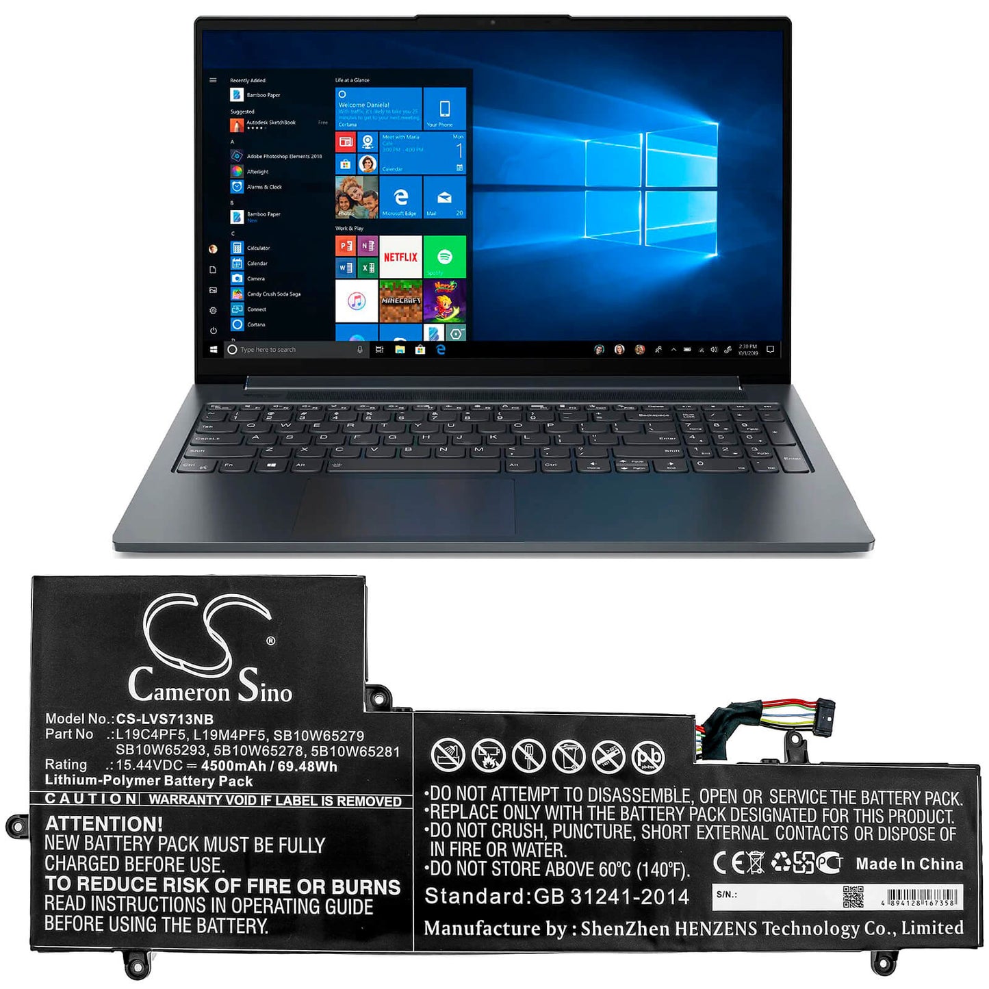 15.44V, 4500mAh, Li-Polymer Battery fits Lenovo, Yoga Slim 7-15iil, 69.48Wh