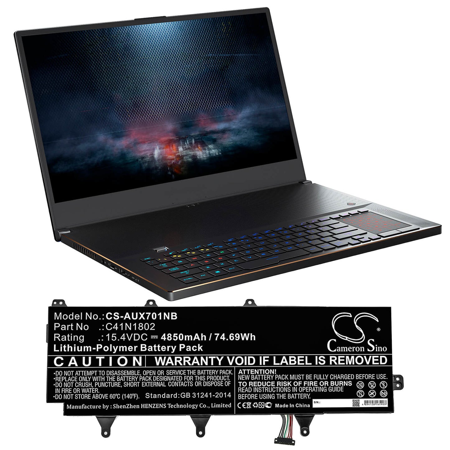 15.4V, 4850mAh, Li-Polymer Battery fits Asus, Gx701g, Gx701gv-ev016t, 74.69Wh