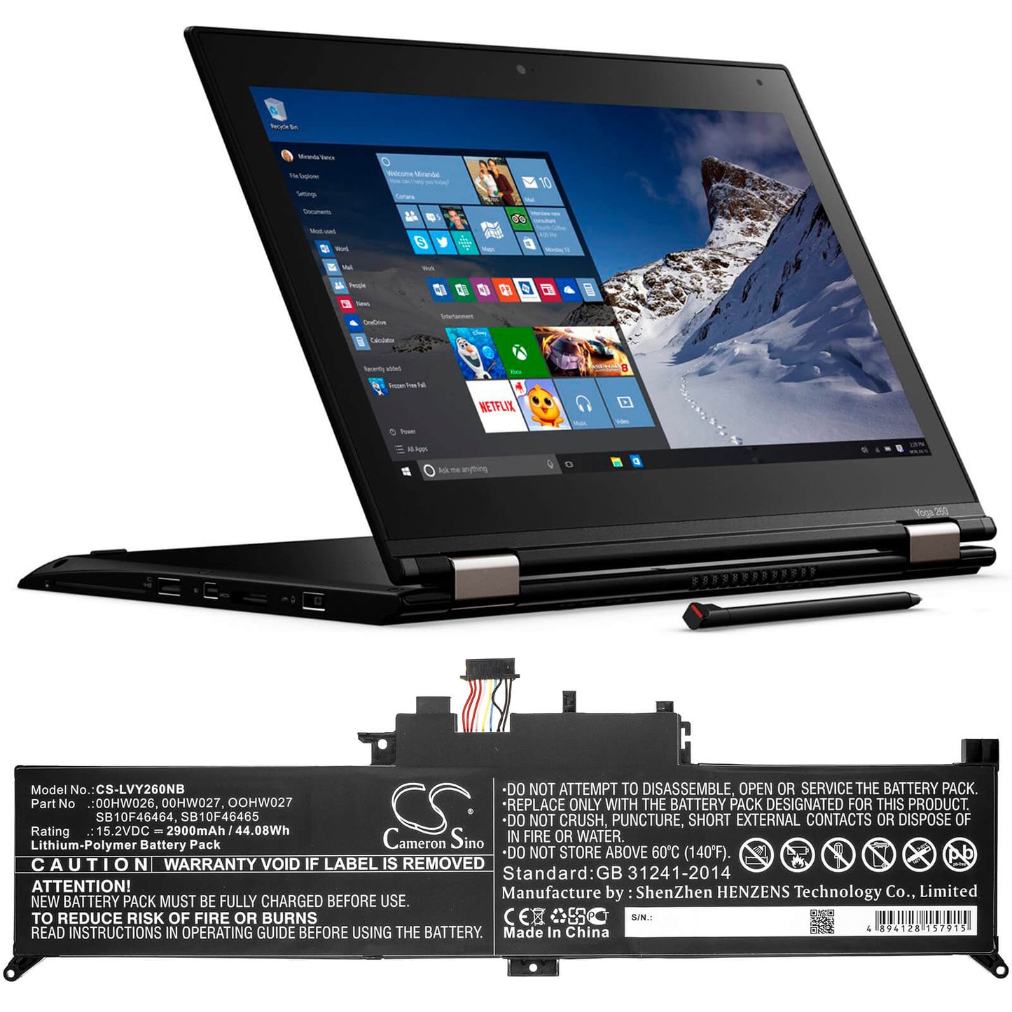 15.2V, 2900mAh, Li-ion Battery fits Lenovo, Thinkpad Yoga 260, Thinkpad Yoga 260 20fd001xge, 44.08Wh