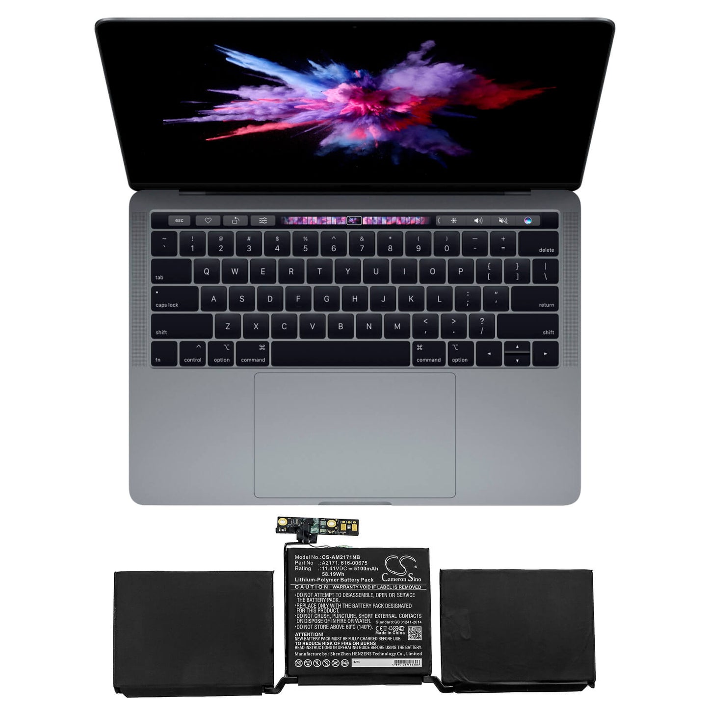 11.41V, 5100mAh, Li-Polymer Battery fits Apple, Macbook Pro 13 Inch Two Thunde, Macbook Pro Emc 3301, 58.191Wh
