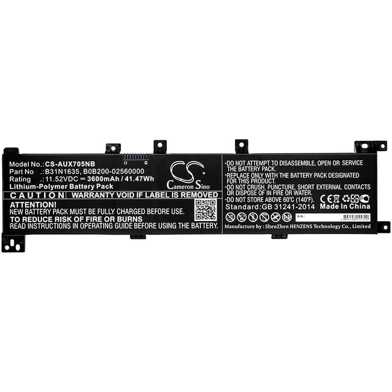 11.52V, 3600mAh, Li-Polymer Battery fits Asus, A705qa, F705ma-bx030t, 41.472Wh