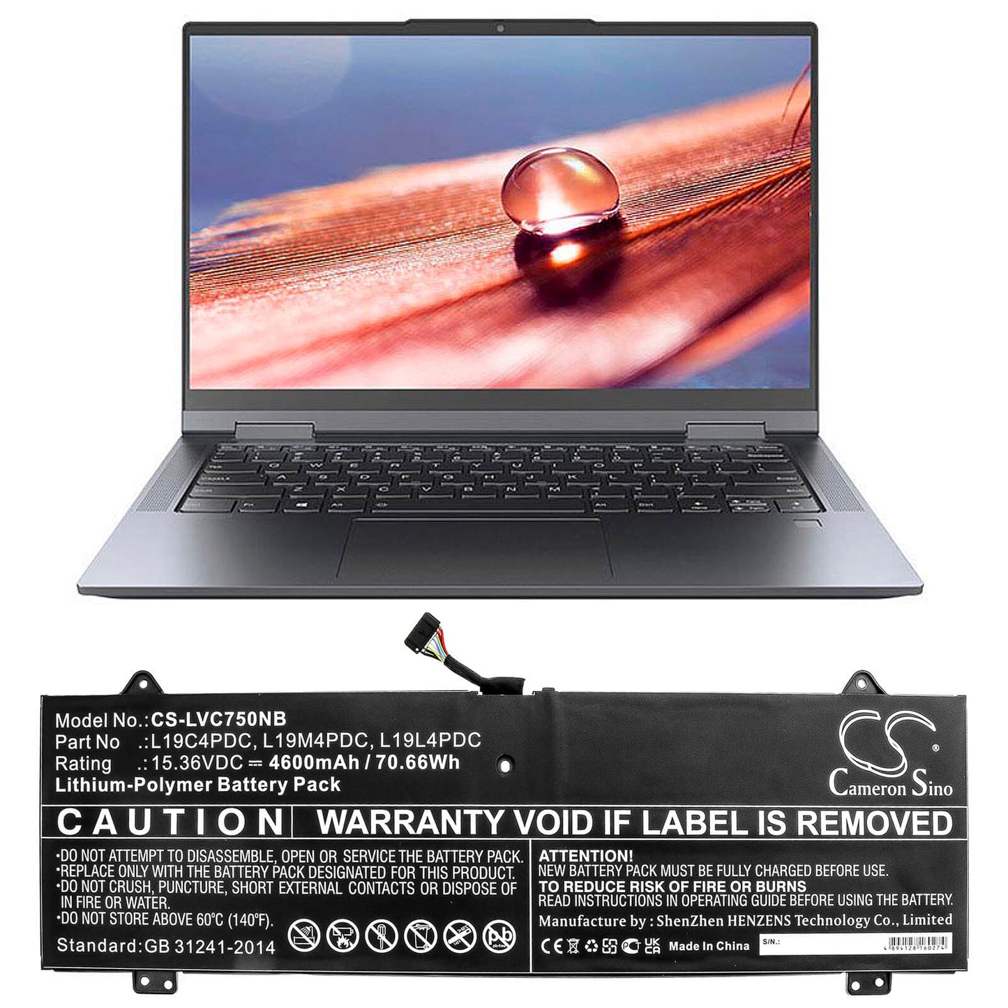 15.36V, 4600mAh, Li-Polymer Battery fits Lenovo, Yoga 14c 2021, Yoga 14c Itl 2021, 70.656Wh