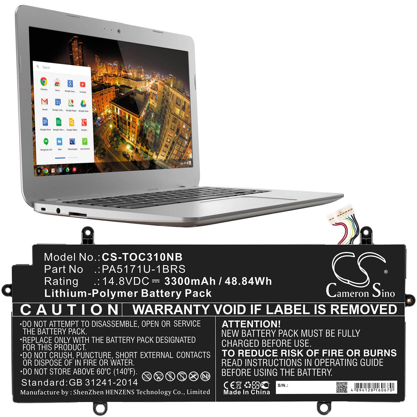 14.8V, 3300mAh, Li-Polymer Battery fits Toshiba, Cb30-102, Cb35-a3120 Chromebook, 48.84Wh