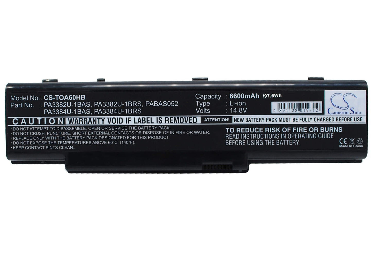 14.8V, 6600mAh, Li-ion Battery fits Toshiba, Dynabook Aw2, Dynabook Ax/2, 97.68Wh