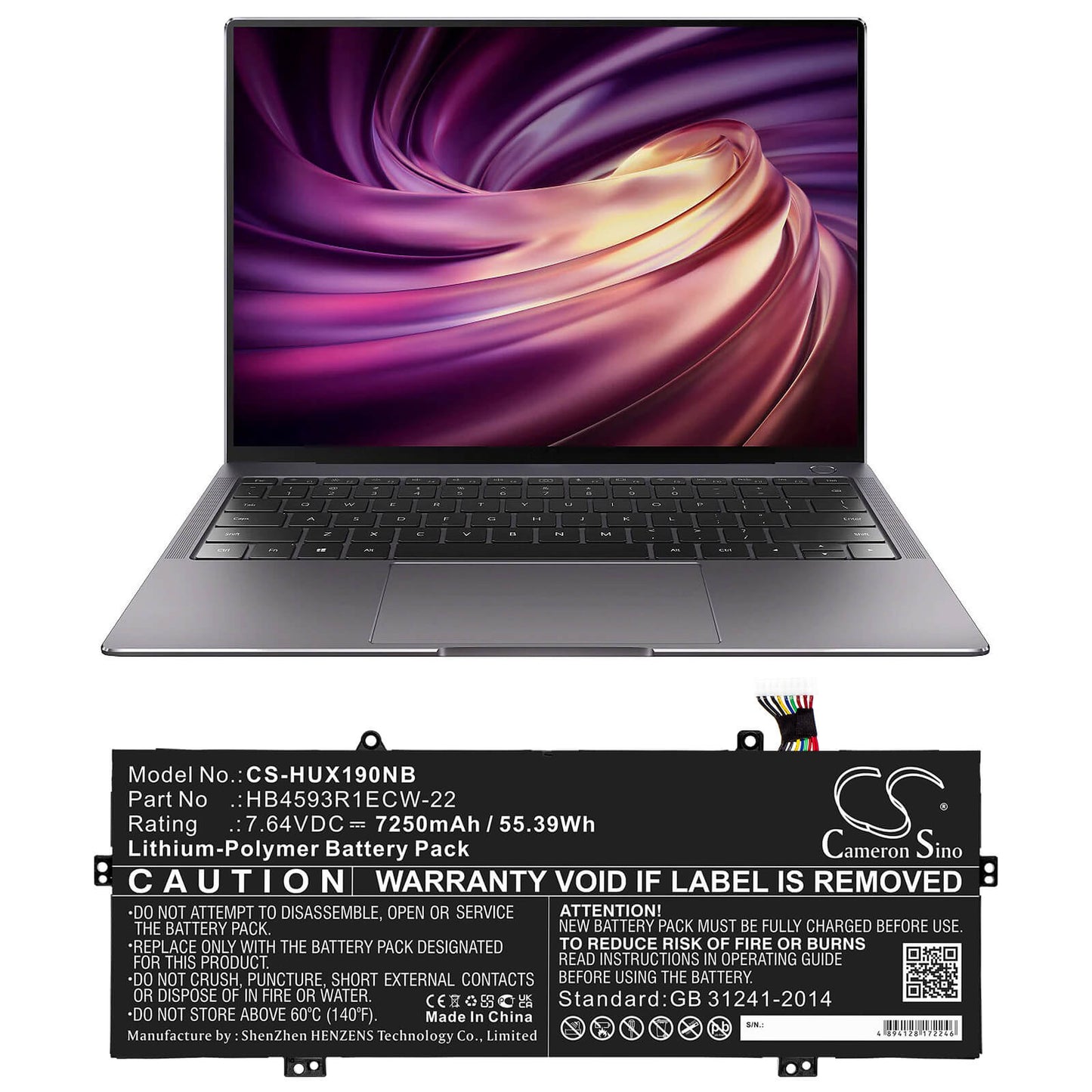 7.64V, 7250mAh, Li-Polymer Battery fits Huawei, Mach-w19l, Matebook X Pro 2020, 55.39Wh