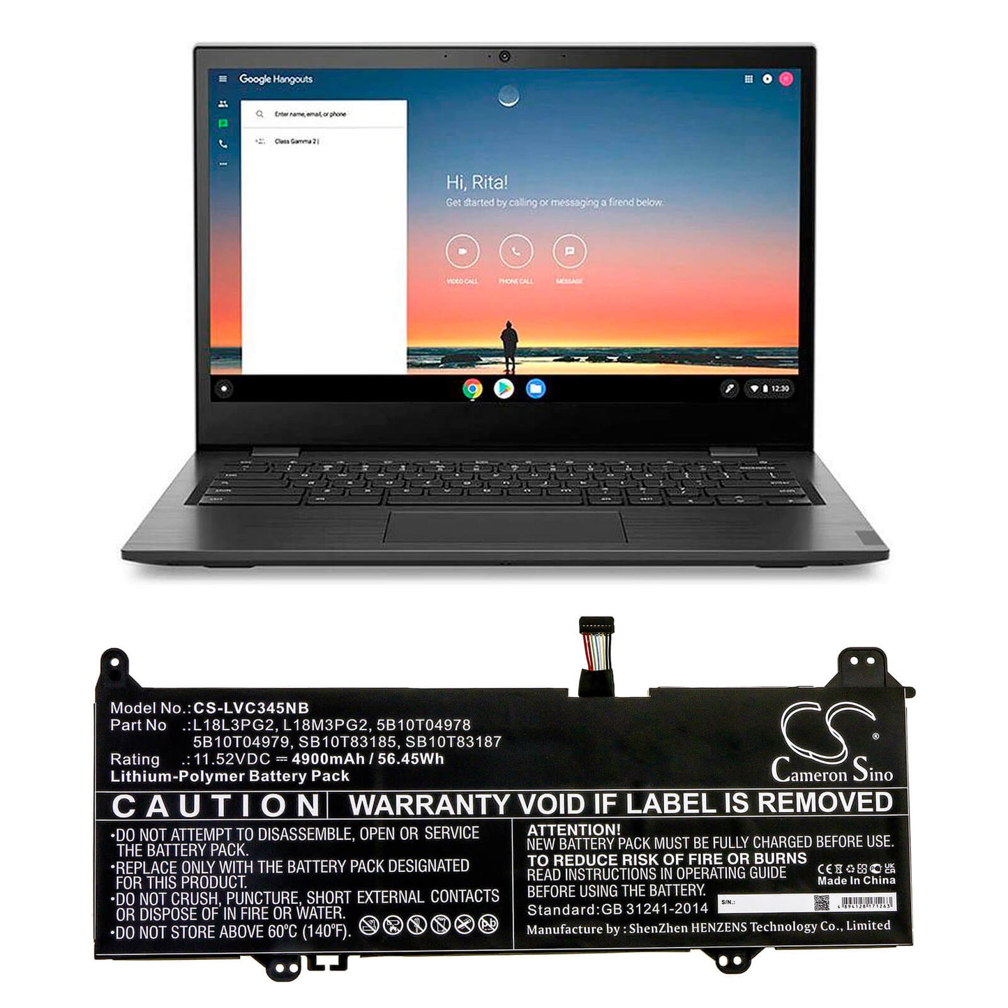 11.52V, 4900mAh, Li-Polymer Battery fits Lenovo, 14e Chromebook 81mh000yau, 14e Chromebook 81mh0011au, 56.448Wh
