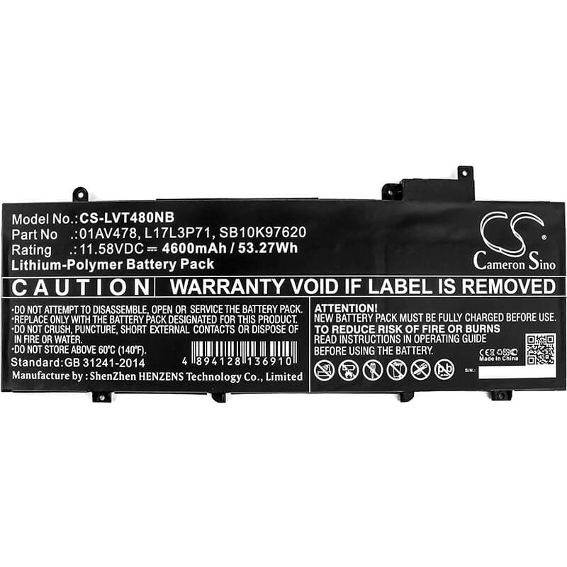 11.58V, 4600mAh, Li-Polymer Battery fits Lenovo, Thinkpad T480s, Thinkpad T480s 20l7002lcd, 53.268Wh