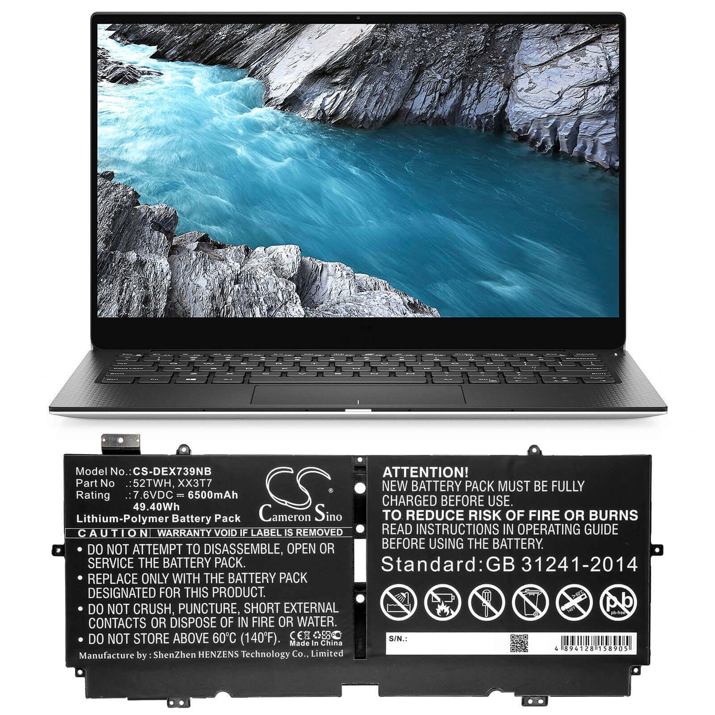 7.6V, 6500mAh, Li-Polymer Battery fits Dell, Xps 13 7390, 49.4Wh