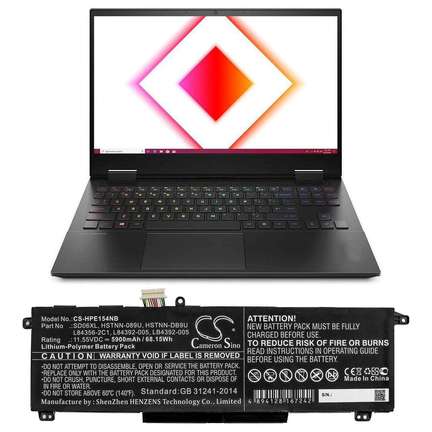 11.55V, 5900mAh, Li-Polymer Battery fits Hp, Omen 15 2020, Omen 15-ek0000, 68.145Wh