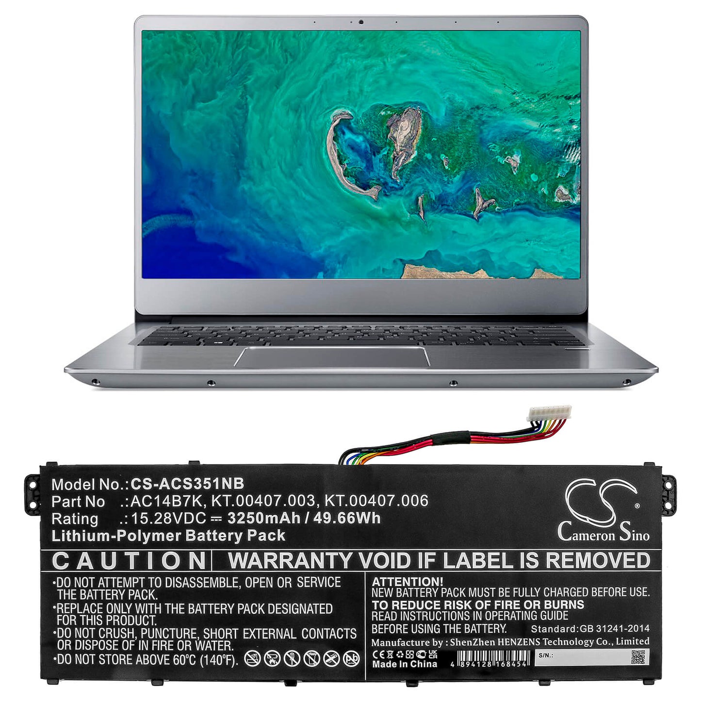 15.28V, 3250mAh, Li-Polymer Battery fits Acer, Aspire 5 A515-41g-18z3, Aspire 5 A515-52-31q2, 49.66Wh