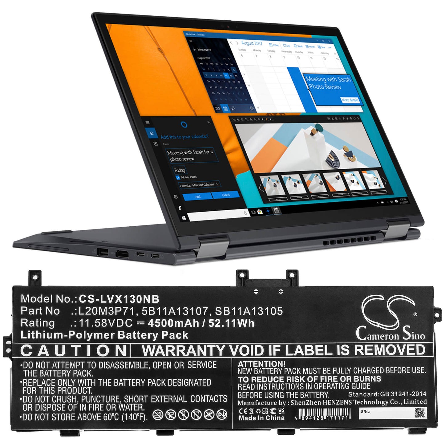 11.58V, 4500mAh, Li-Polymer Battery fits Lenovo, Thinkpad X13 Yoga G2, Thinkpad X13 Yoga G2 20w80007z, 52.11Wh