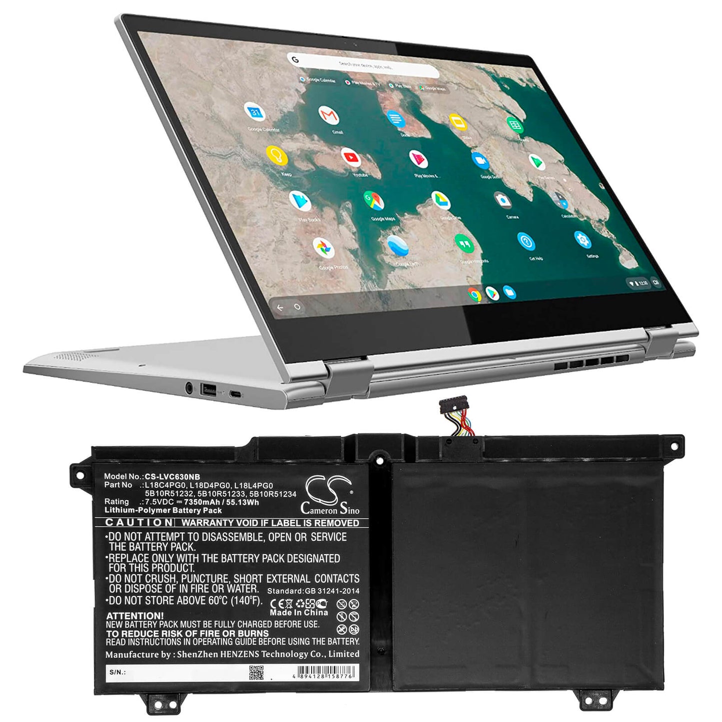 7.5V, 7350mAh, Li-Polymer Battery fits Lenovo, Chromebook C340-15, Yoga Chromebook C630, 55.125Wh