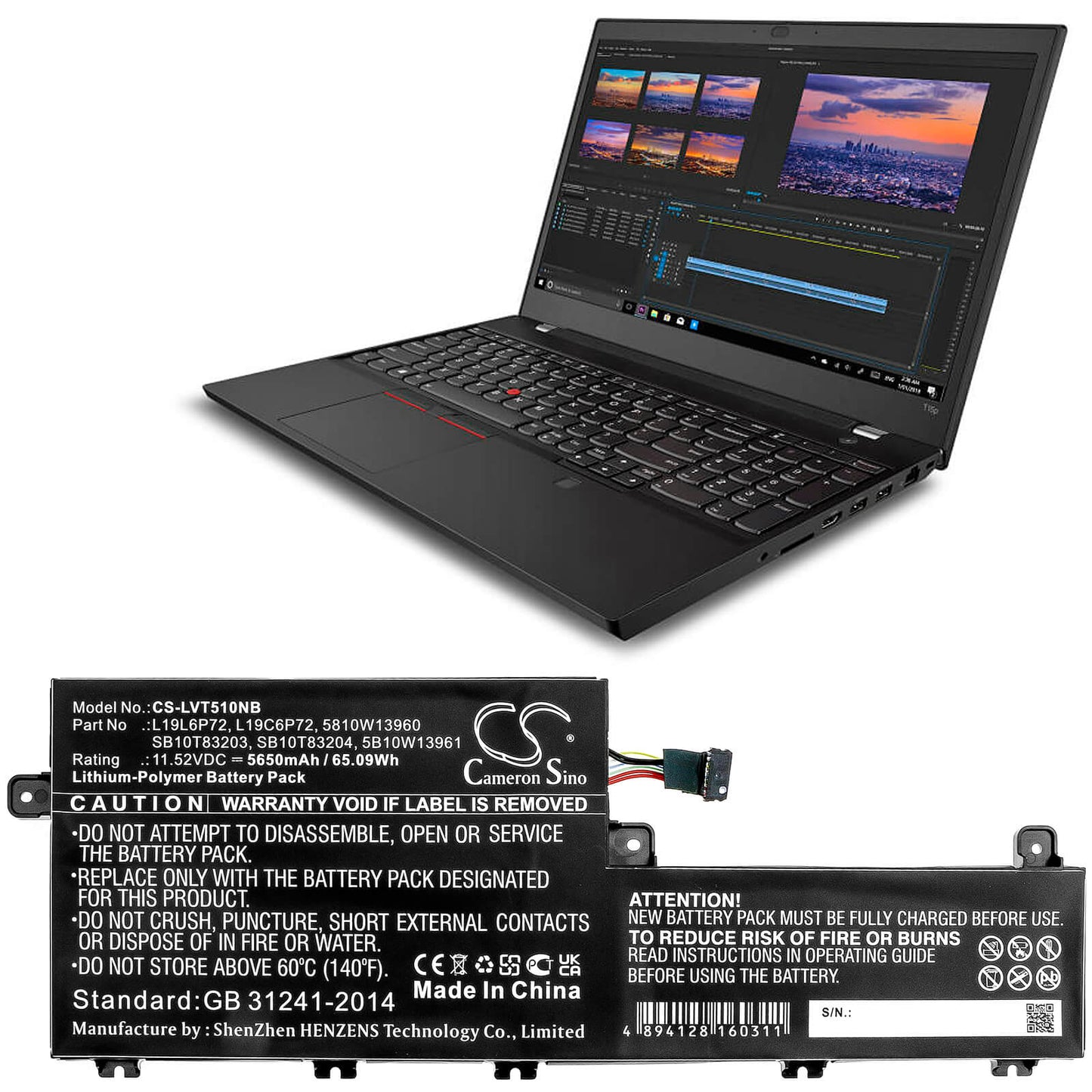 11.52V, 5650mAh, Li-Polymer Battery fits Lenovo, Thinkpad P15v, Thinkpad T15p, 65.088Wh