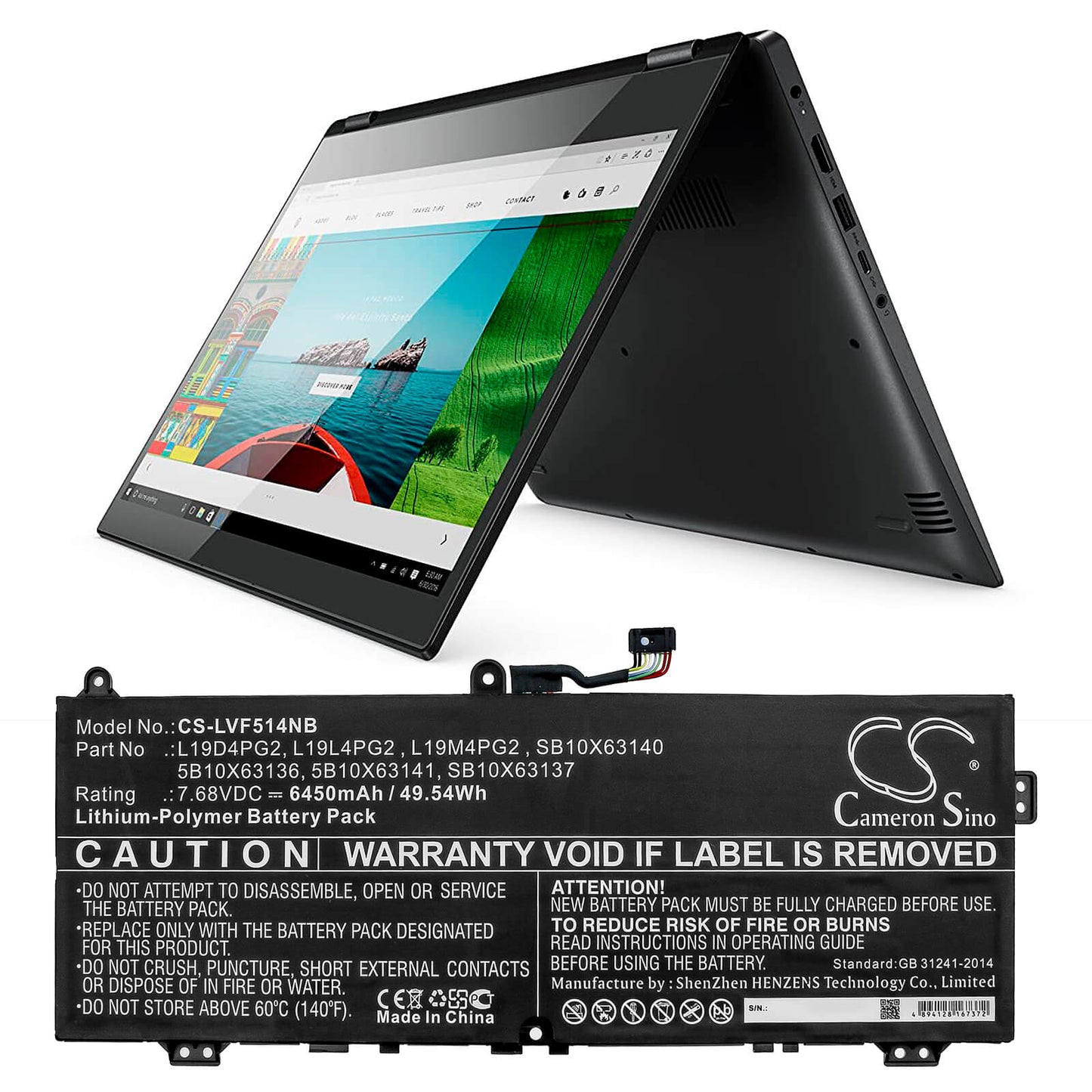 7.68V, 6450mAh, Li-Polymer Battery fits Lenovo, C13 Yoga Gen 1 Chromebook-20uy, Flex 5 1570, 49.536Wh