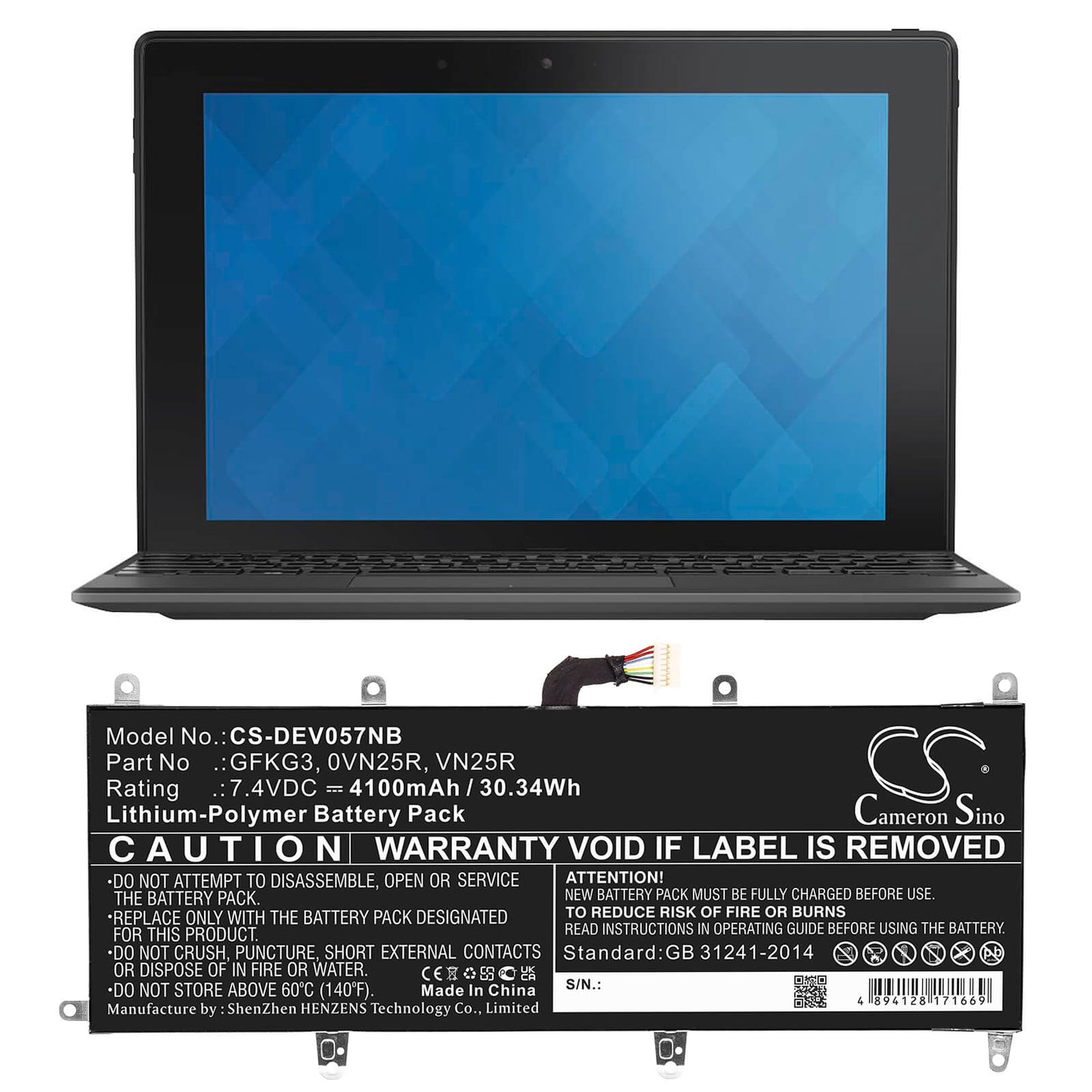 CS-DEV057NB, Notebook, Laptop 7.4V, 4100mAh, Li-Polymer Battery fits Dell, Venue 10 Pro, Venue 10 Pro 5056, 30.34Wh