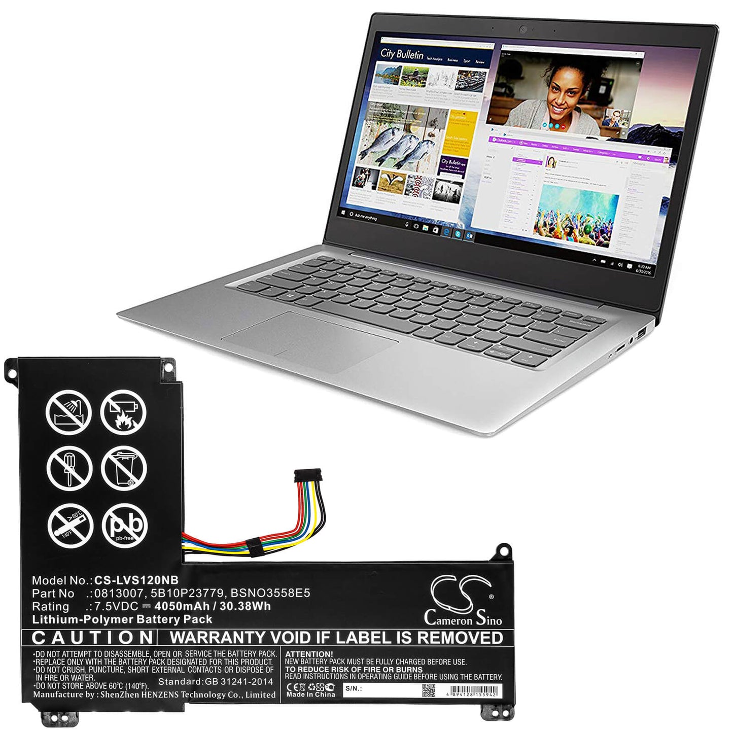 7.5V, 4050mAh, Li-Polymer Battery fits Lenovo, Ideapad 120s-14, Ideapad 120s-14iap, 30.375Wh