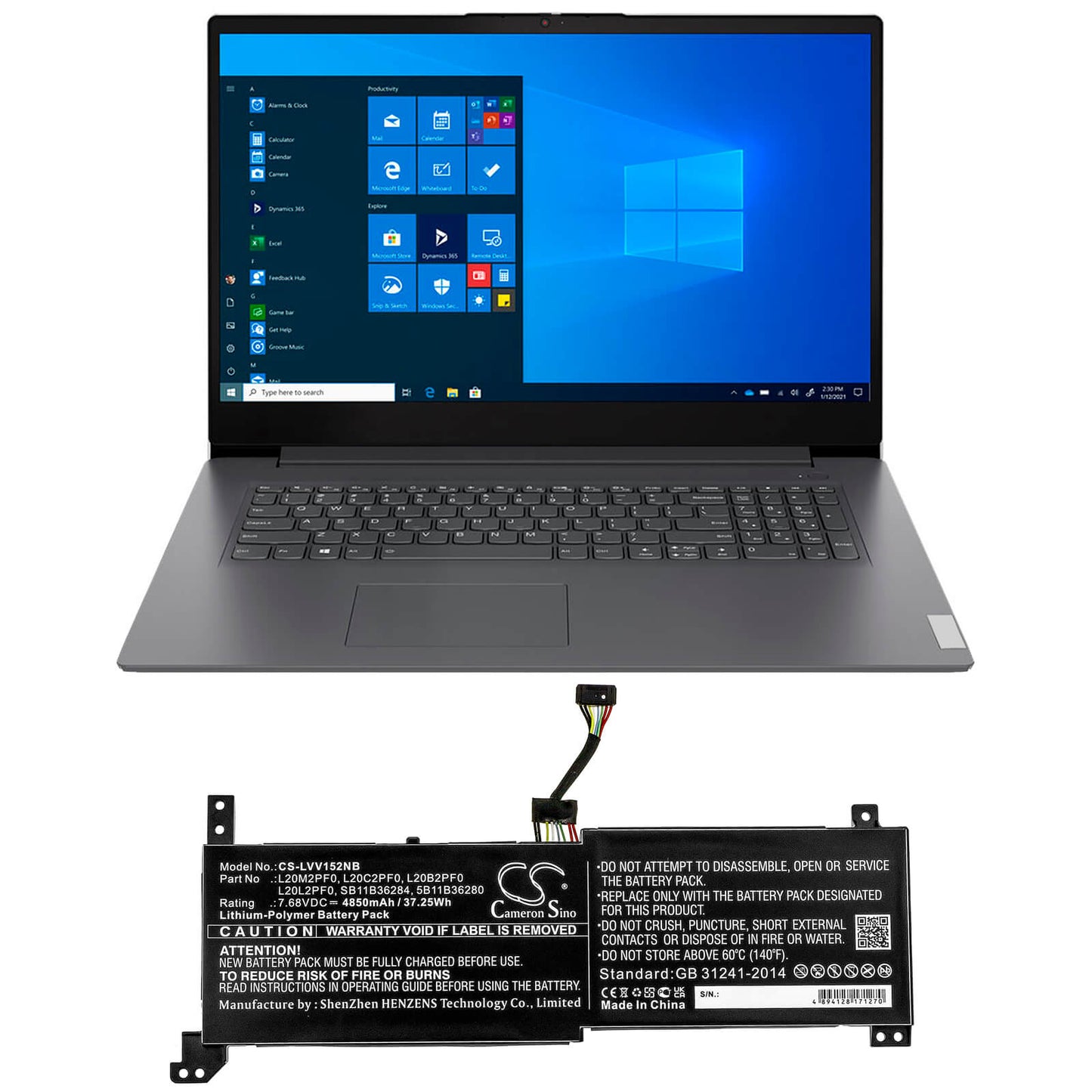 7.68V, 4850mAh, Li-Polymer Battery fits Lenovo, Ideapad 3 14alc6, Ideapad 3 14itl6, 37.248Wh