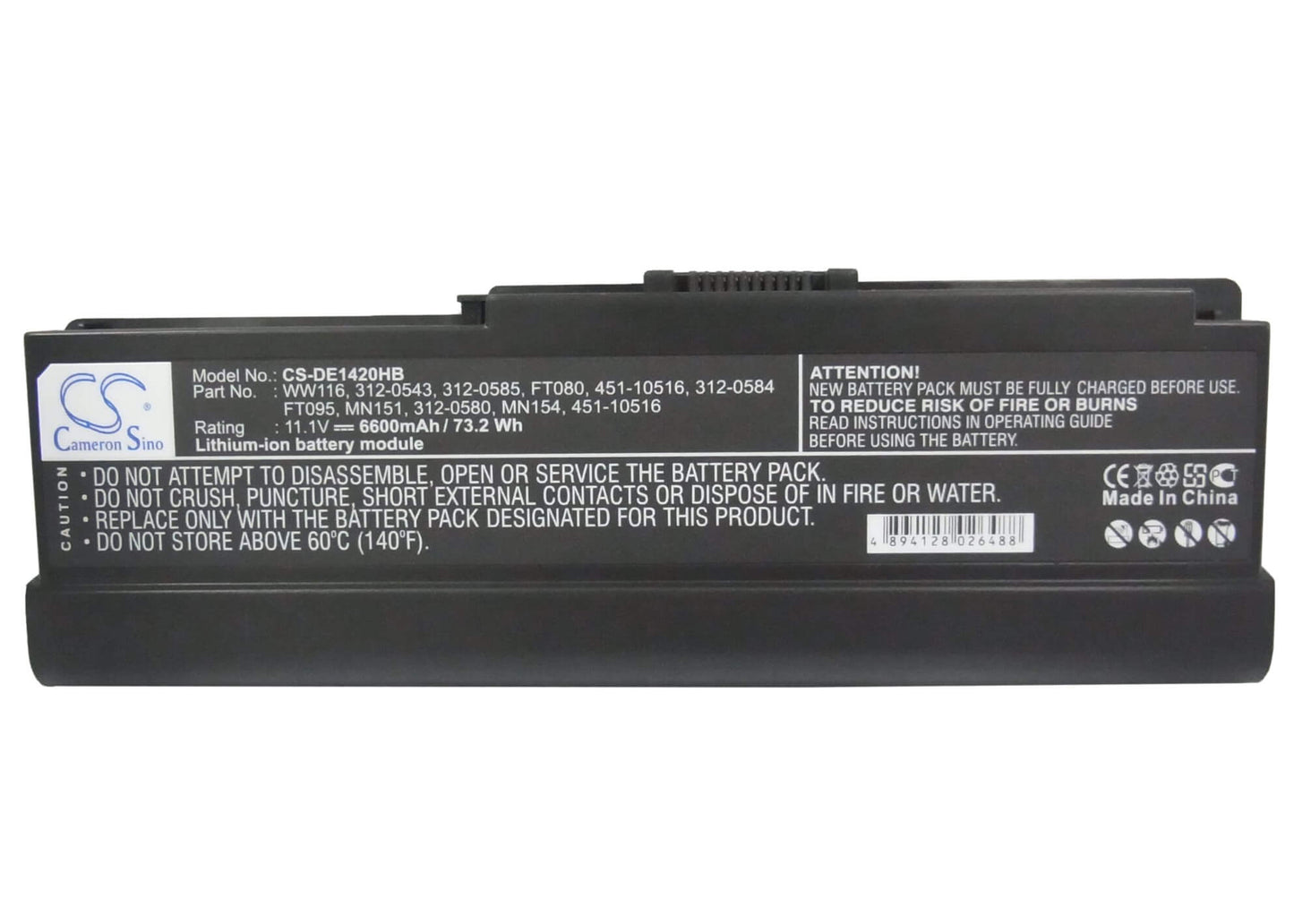 11.1V, 6600mAh, Li-ion Battery fits Dell, Inspiron 1420, Vostro 1400, 73.26Wh