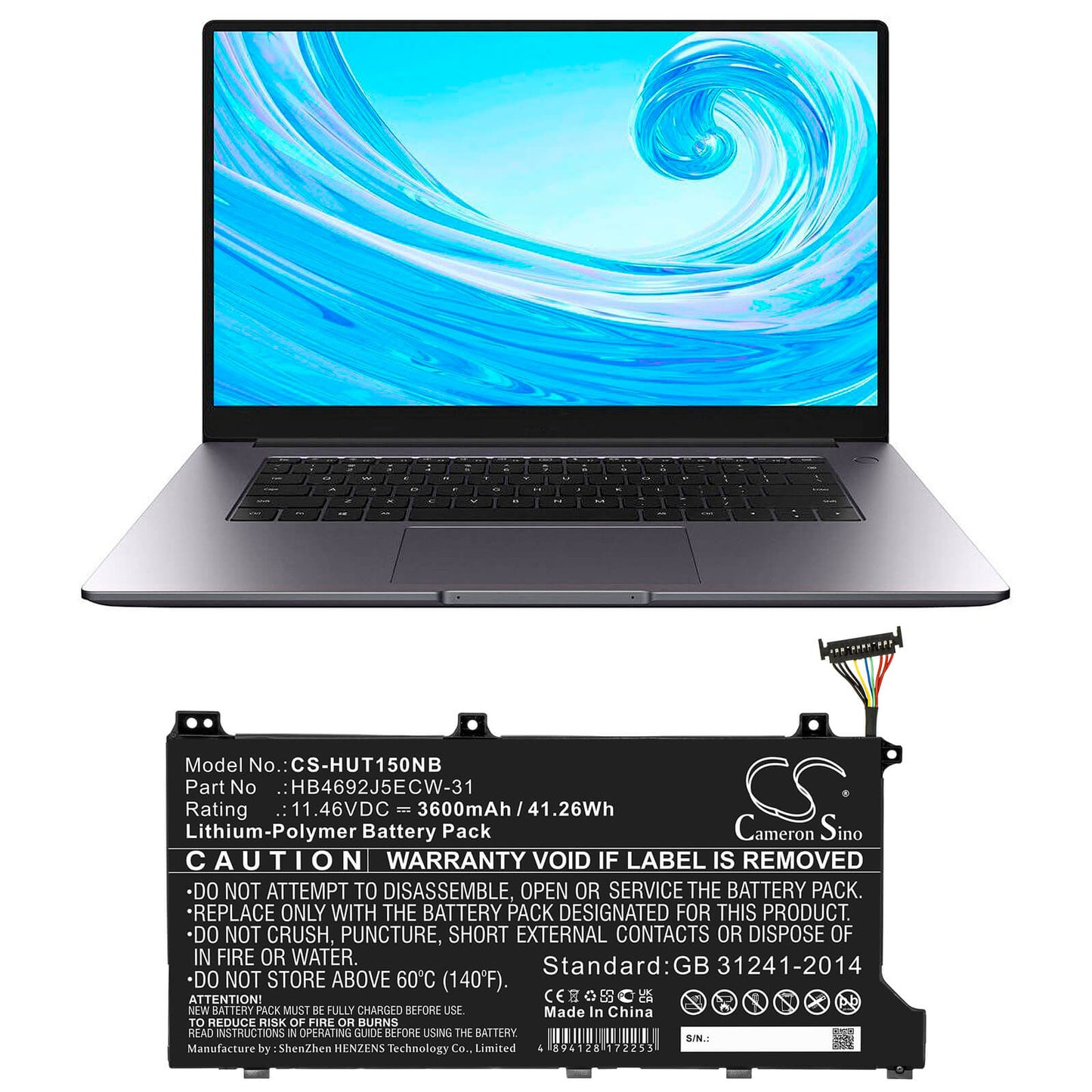 11.46V, 3600mAh, Li-Polymer Battery fits Huawei, Hly-19r, Kpl-woob, 41.256Wh