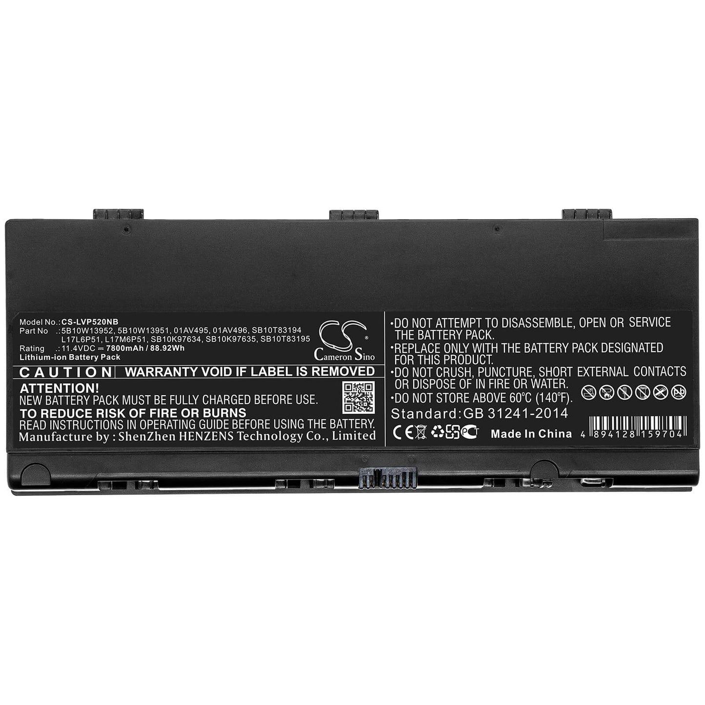 11.4V, 7800mAh, Li-ion Battery fits Lenovo, Thinkpad P52, Thinkpad P52 C00, 88.92Wh