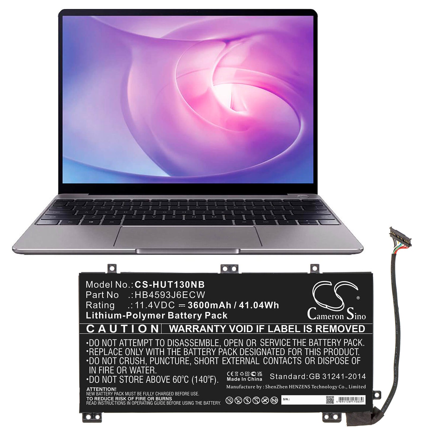11.4V, 3600mAh, Li-Polymer Battery fits Huawei, Matebook 13, Matebook 13 I7, 41.04Wh