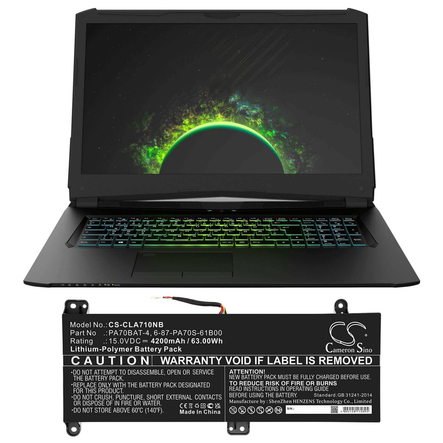 15.0V, 4200mAh, Li-Polymer Battery fits Schenker, Technologies Xmg Pro 17, 63Wh