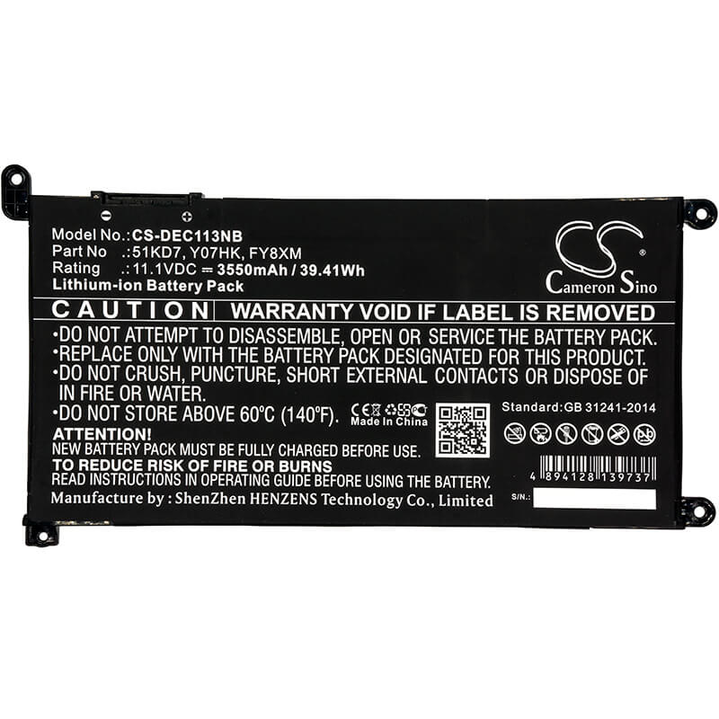 11.1V, 3550mAh, Li-ion Battery fits Dell, Chromebook 11 3100, Chromebook 11 3180, 39.405Wh